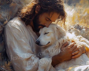 Jesus Blessing Dog Art Print: Christian Gift for Pet Loss