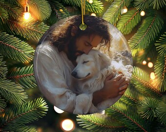 JESUS and DOG ORNAMENT Dog Lover Christmas Ornament Jesus Xmas Tree Ornament Christian Dog Lover Jesus Ceramic Ornaments