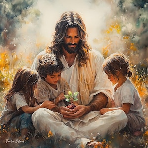 JESUS CHILDREN & PLANT Canvas Christ With Children Jesus Art Wall Art Christian Family Art Christian Child&#39;s Room Art Gift for Grandma Gift