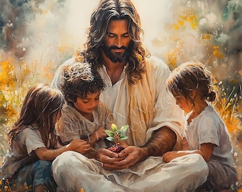 JESUS CHILDREN & PLANT Canvas Christ With Children Jesus Art Wall Art Christian Family Art Christian Child&#39;s Room Art Gift for Grandma Gift