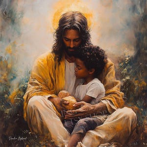 JESUS BREAD for CHILD Fine Art Giclee Print Jesus Love Child&#39;s Room Jesus Hugging Black Child Art Christian Gift Black Christian Family Art