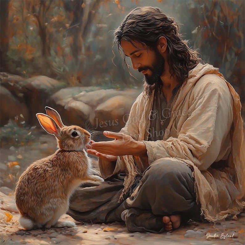 JESUS & BUNNY CANVAS Print Christ Painting Jesus With Bunny Christian ...