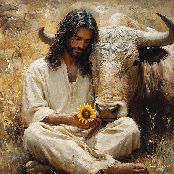 Jesus Blessing Bull Canvas Print: Christian Cowboy Western Art, Christmas Gift