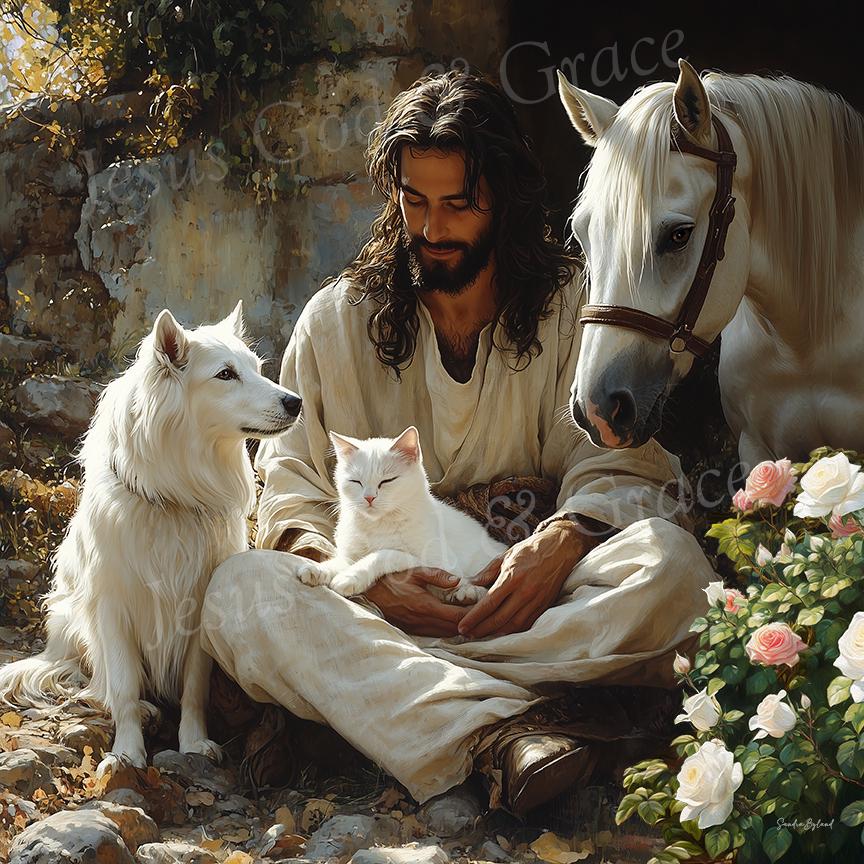 JESUS BLESSING the ANIMALS Canvas Print Jesus Blessing Dog Blessing Cat Blessing Horse Christian Animal Lover Gift for Animal Rescue Gift
