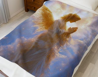 Praying Angel Illustration Velveteen Plush Blanket | Heavenly Wings, Soft Throw