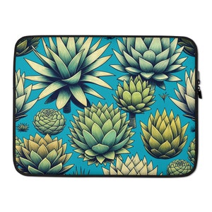 Könnte beinhalten: Eine Laptoptasche mit blauem Hintergrund und einem sich wiederholenden Muster aus grünen und gelben Sukkulenten.