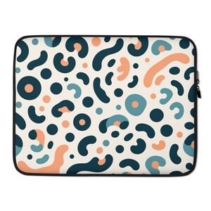Könnte beinhalten: Eine Laptoptasche mit weißem Hintergrund und einem Muster aus blauen, pfirsichfarbenen und türkisfarbenen abstrakten Formen.