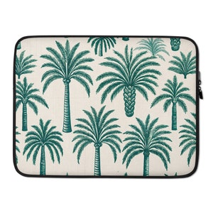 Könnte beinhalten: Eine Laptoptasche mit einem sich wiederholenden Muster aus türkisfarbenen Palmen auf cremefarbenem Hintergrund.