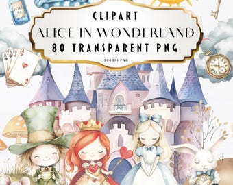 Collezione di clipart di Alice nel Paese delle Meraviglie Clipart di storie classiche Clipart di fantasia per bambini Acquerello di Alice nel Paese delle Meraviglie Clipart del Cappellaio Matto Kit per il Tea Party
