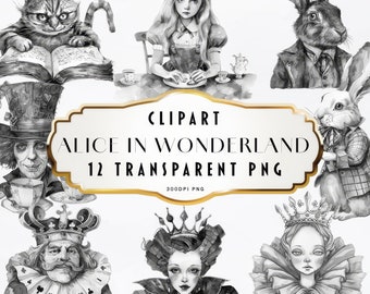 Black and White Alice in Wonderland Clipart Fairytale Clipart Fairy tale PNG aliceinwonderland Digital Planner Junk Journal Paper