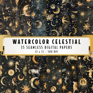 Papel digital celestial de acuarela, fondo con patrones del zodíaco, textura sin costuras, carta astral de color oscuro, noche estrellada, horóscopo