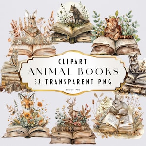 Watercolor Animal Books Clipart, Creature Book Bundle PNG, Woodland Book Clip Art, Vintage Books clip art, old books, Book lover clipart