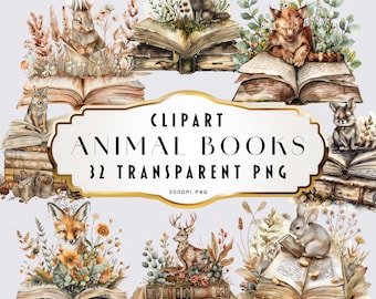 May include: A set of 32 digital clipart images featuring watercolor illustrations of animals reading books. The animals include a fox, a deer, a rabbit, a wolf, a cat, and a squirrel. The books are vintage and have a worn look. The images are perfect for creating invitations, cards, scrapbook pages, and other craft projects.