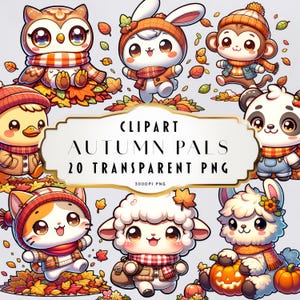 Clipart de animales de otoño kawaii, clipart de otoño, clipart de calabaza de hoja, clipart de Halloween, clipart de Acción de Gracias, pegatinas digitales transparentes imprimibles