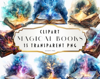 Watercolor Magical Books Clipart, Magic Book Bundle PNG, Witchcraft Book Clip Art, Wizardry Books clip art, old books, Book lover clipart
