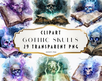 Watercolor Gothic Skull Books Clipart, Magic Book Bundle PNG, Witchcraft Books clip art, old books, Watercolour Vintage Book lover clipart