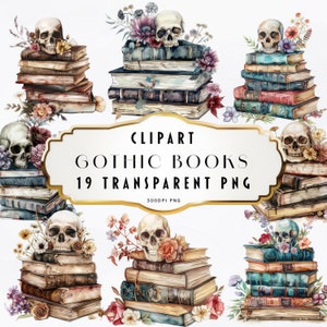 Watercolor Gothic Books Clipart, Goth Book Bundle PNG, Witchcraft Books clip art, old books, Watercolour Vintage Book lover clipart