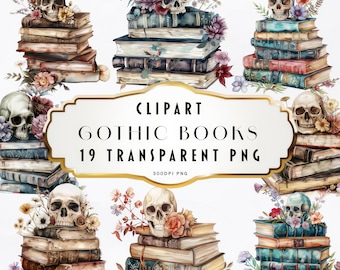 Watercolor Gothic Books Clipart, Goth Book Bundle PNG, Witchcraft Books clip art, old books, Watercolour Vintage Book lover clipart