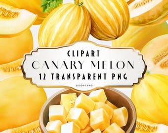 Clipart di melone canarino ad acquerello, frutta gialla, PNG, cibo tropicale estivo, arte stampabile, decorazioni per la cucina, illustrazioni di melone succoso, uso commerciale