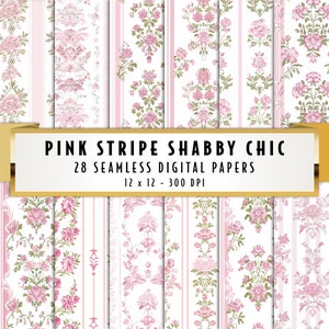 Papeles digitales Shabby Chic con rayas rosas: álbumes de recortes sin costuras, proyectos de manualidades y bricolaje, descarga instantánea, patrones vintage, diarios basura