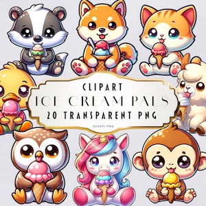 Schattige ijsdieren Schattig desserts Dierenclips Clipart transparant PNG Stickers zoetigheden Digitale printables Afdrukbare stickers