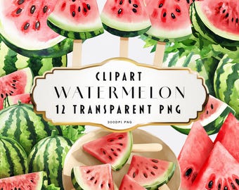 Clipart di anguria ad acquerello PNG Download digitale Fette di frutta dipinte a mano Anguria intera tagliata Set di grafica Arte estiva Uso commerciale