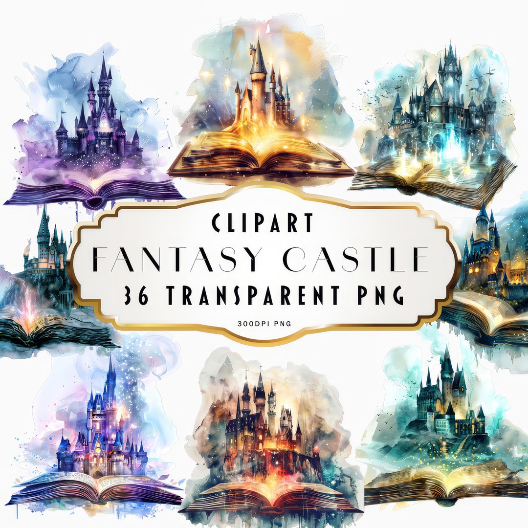 Watercolor Fantasy Castle Books Clipart, Magic Book Bundle PNG ...