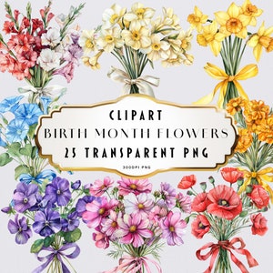 Aquarelle fleurs mois de naissance des cliparts, lot PNG floral, graphique de fleur, clipart botanique, kit de créateur d'impression de fleurs bricolage mois de naissance