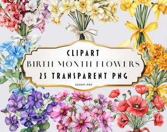 Watercolor Birth Month Flowers Clipart, Floral PNG bundle, Flower Graphic, Botanical Clipart, DIY Birth Month Flower Print Creator Kit