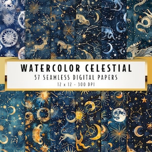 Aquarell himmlische digitales Papier, Sternzeichen Muster Hintergrund, nahtlose Textur, dunkelblaue Farbe Astrologie-Chart, Sternennacht, Horoskop