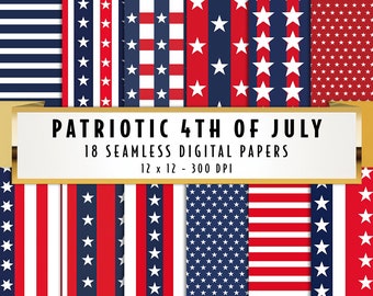 May include: Set of 18 digital papers featuring red, white, and blue patriotic patterns. The patterns include stripes, stars, and combinations of both. The papers are 12 inches by 12 inches and 300 DPI.