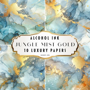 Jungle Mist and Gold Alcohol Ink Pattern, Elegant and Glamorous Blue Shimmer Backgrounds, Liquid Paint Textures, Digital Papers Sublimation