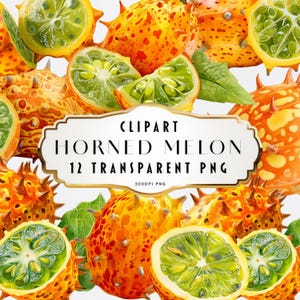 May include: A digital clipart set of 12 transparent PNG images featuring horned melons, also known as kiwano melons. The images depict the fruit in various stages of ripeness, with some showing the green flesh inside. The images are high-resolution, 300 DPI, and perfect for use in digital design projects.