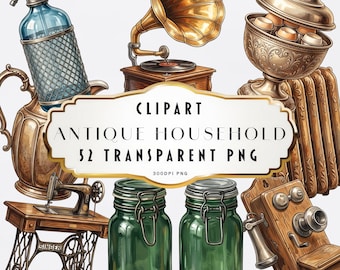 Acquerello, clipart di oggetti domestici antichi, junk journal, articoli per la casa retrò, arte vintage storica, lavori di carta, pacchetto digitale PNG