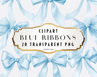 Pacchetto di nastri Coquette blu acquerello Clipart, nastri Coquette semplici, nastri pastello morbidi, cornici per matrimoni, nastri con fiocco Clipart