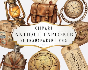 Clipart di esploratori antichi ad acquerello, junk journal, arte retrò, storica, vintage, lavori di carta, kit di pacchetti digitali PNG