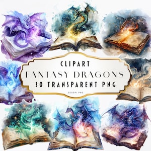 Watercolor Fantasy Dragon Books Clipart, Magic Book Bundle PNG, Medieval Books clip art, old books, Watercolour Vintage Book lover clipart