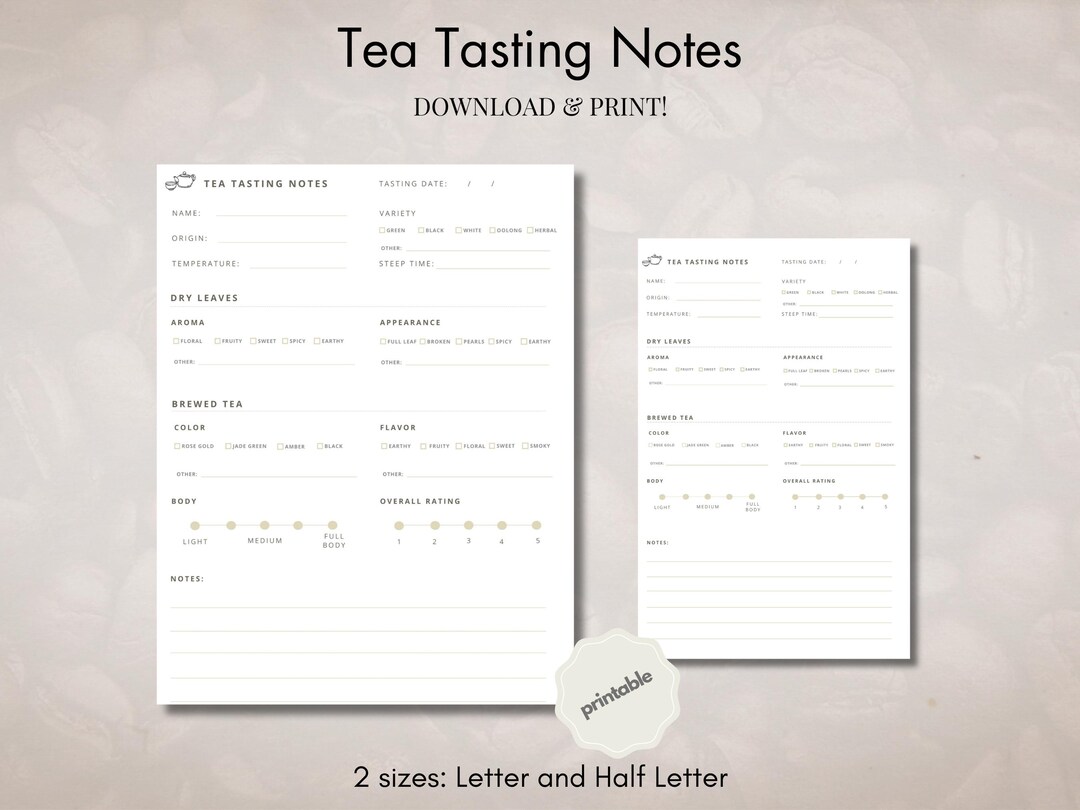 Printable Tea Tasting Notes | Tea Tasting Journal | Log | PDF Download ...