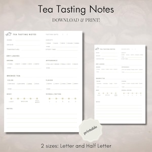 Notes de dégustation de thé imprimables |  Carnet de dégustation de thé | journal | Téléchargement PDF