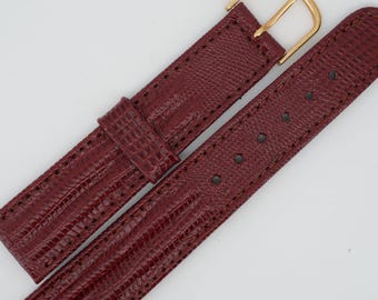 Vintage Style Red Lizard-Embossed Leather Watch Strap 18mm Thin 2mm Gold Buckle