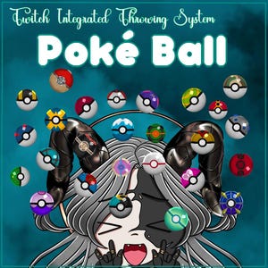 Puede incluir: Ilustración digital con múltiples Poké Balls coloridas y variadas sobre un fondo verde azulado. El texto "Twitch Integrated Throwing System" y "Poké Ball" se muestra en la parte superior. Un personaje de dibujos animados está en la parte inferior.