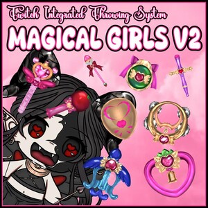 May include: A digital illustration of a cartoon girl with black hair and red eyes. She is wearing a black and white outfit. The image also includes several colorful cartoon objects, including a pink heart-shaped wand, a blue and gold wand, a gold and pink shield, and a pink and gold tambourine. The text "Twitch Integrated Throwing System MAGICAL GIRLS V2" is at the top of the image.