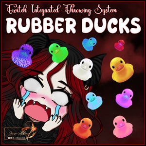 Op de afbeelding: Een cartoonillustratie van een persoon met rood haar en een zwart-witte outfit, die huilt met een verscheidenheid aan kleurrijke rubberen eendjes die om hen heen vliegen. De tekst "Twitch Integrated Throwing System RUBBER DUCKS" staat bovenaan de afbeelding.