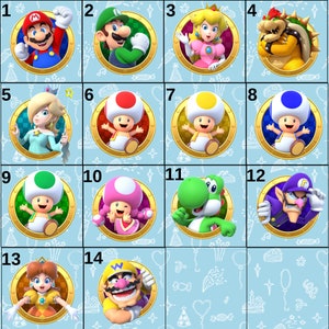 May include: A grid of fourteen circular icons featuring Nintendo characters including Mario, Luigi, Princess Peach, Bowser, Rosalina, various coloured Toads, Yoshi, Waluigi, Princess Daisy, and Wario, set against a light blue background with white line art.
