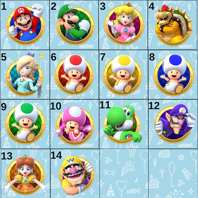 May include: A grid of fourteen circular icons featuring Nintendo characters including Mario, Luigi, Princess Peach, Bowser, Rosalina, various coloured Toads, Yoshi, Waluigi, Princess Daisy, and Wario, set against a light blue background with white line art.