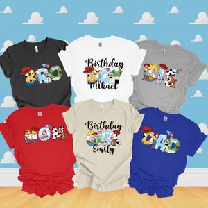 May include: Six t-shirts with Toy Story characters forming the words "Bro", "Birthday Boy Mikael", "Sis", "Mom", "Birthday Girl Emily", and "Dad".