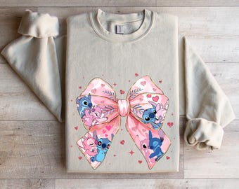 Disney Stitch and Angel Coquette Valentines Sweatshirt, Disney Couple Sweatshirt,  Disney Valentines Day Hoodie, Disney Love Sweater