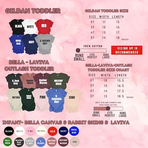 May include: A colour chart for toddler t-shirts featuring Gildan and Bella-Laviva-Outlash brands. It displays various shirt colours, size charts with width and length in inches, and fit indicators for 100% cotton and ring-spun cotton fabric types.