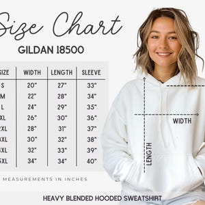 Puede incluir: Tabla de tallas para una sudadera con capucha de mezcla pesada Gildan 18500. La tabla muestra las medidas en pulgadas para el ancho, la longitud y la longitud de la manga para las tallas S a 5XL.
