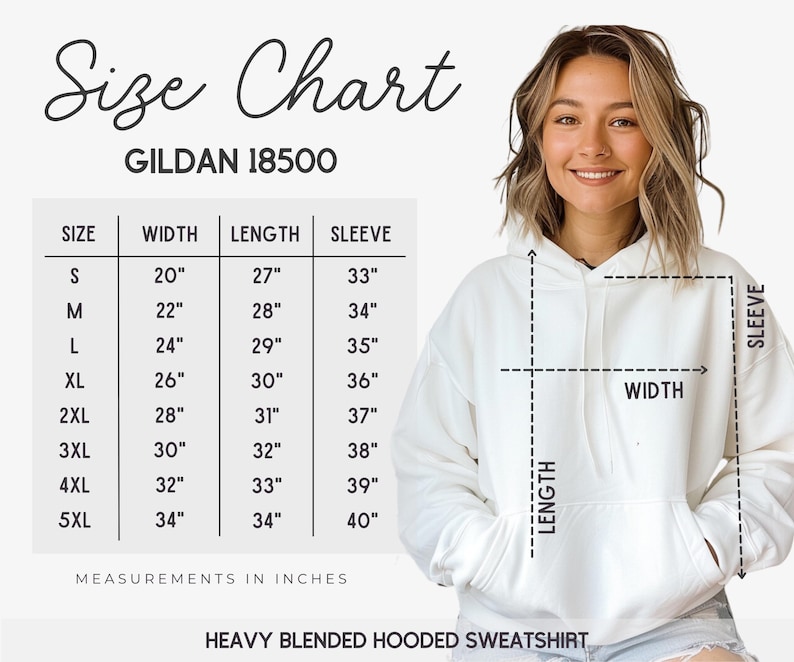Puede incluir: Tabla de tallas para una sudadera con capucha de mezcla pesada Gildan 18500. La tabla muestra las medidas en pulgadas para el ancho, la longitud y la longitud de la manga para las tallas S a 5XL.